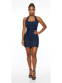 Denim Halter Lace-Up Back Bodycon Mini Dress