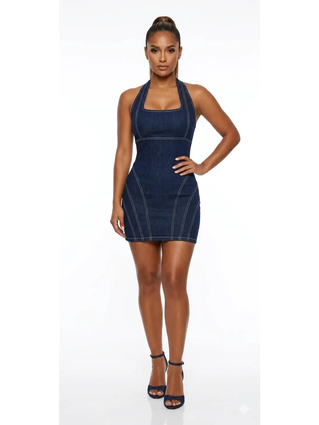 Denim Halter Lace-Up Back Bodycon Mini Dress
