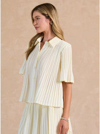 Cream Pleated Button Front Short Sleeve Collared Blouse