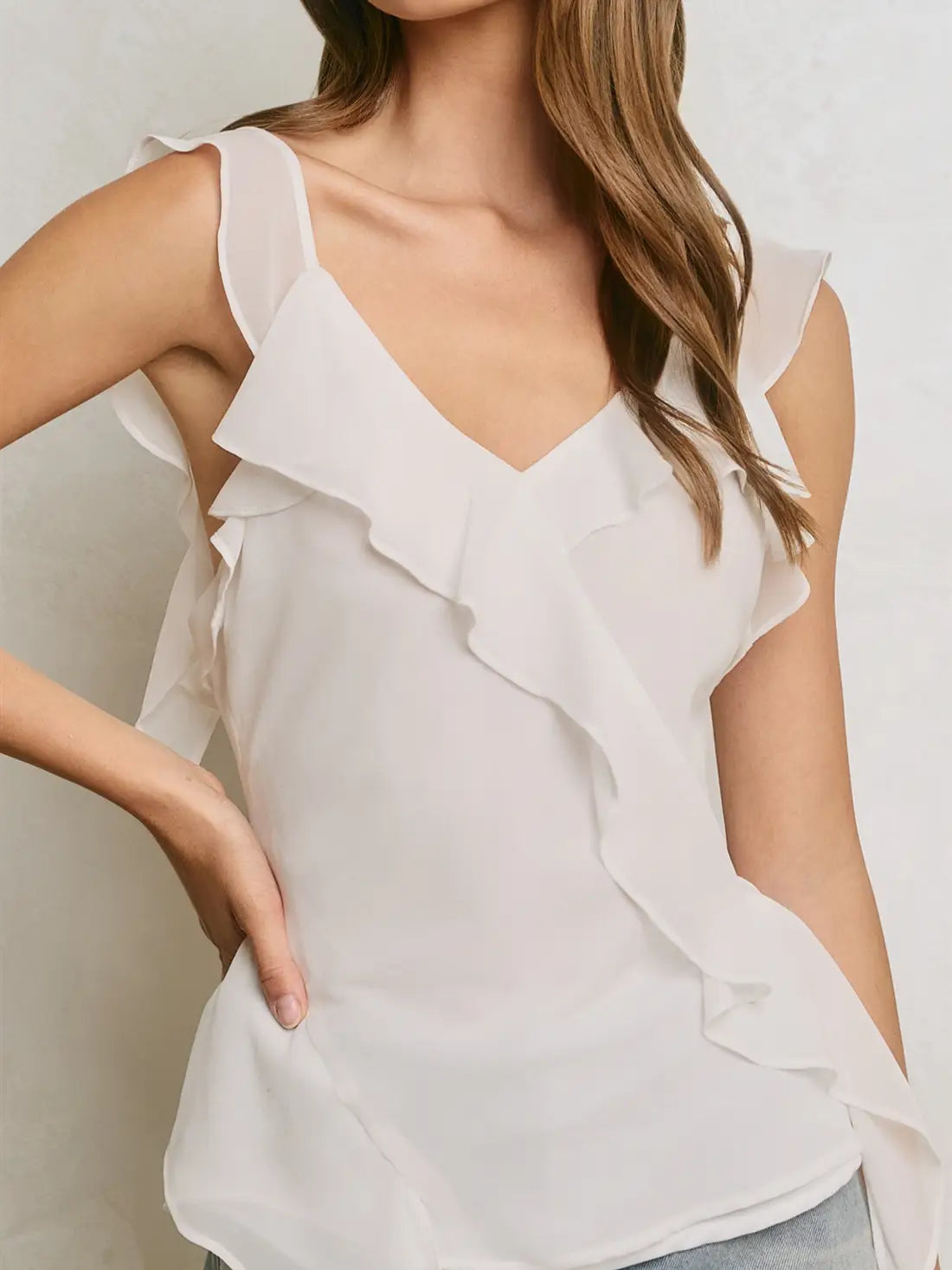 White Ruffle Trim Sleeveless Chiffon Blouse