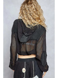 Black Sheer Knit Cropped Top with Hood and Drawstring Hem