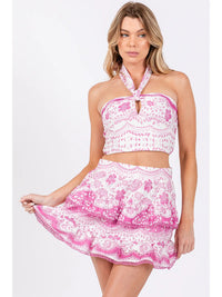 Pink Floral Halter Crop Top and Tiered Mini Skirt Set