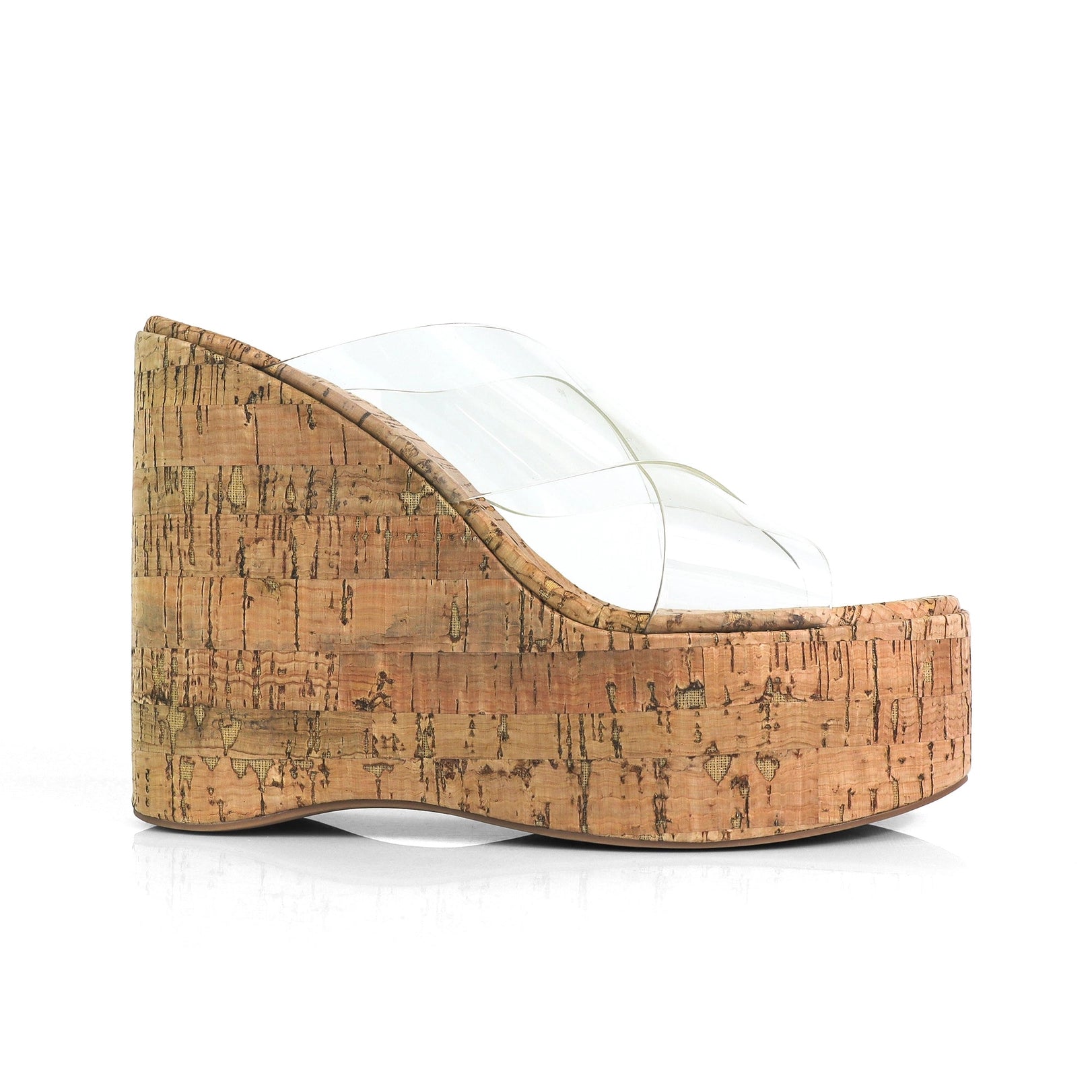 Mio Clear Strap Cork Platform Wedge Slide Sandals