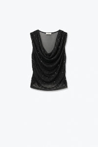 Black Sequin Mesh Cowl NecK Top