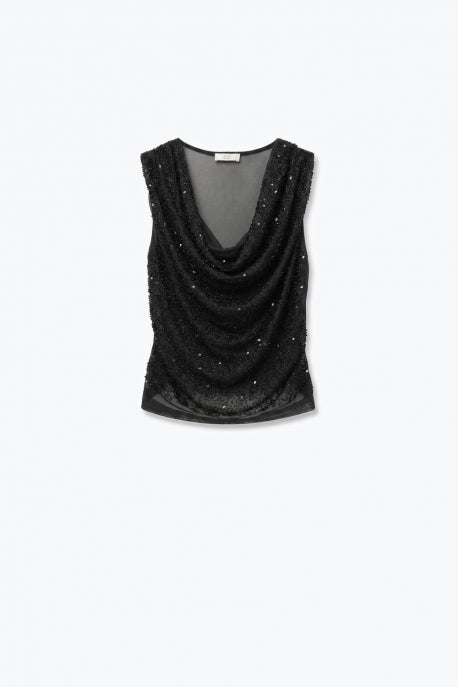 Black Sequin Mesh Cowl NecK Top