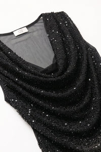 Black Sequin Mesh Cowl NecK Top