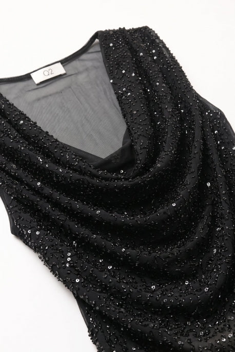 Black Sequin Mesh Cowl NecK Top