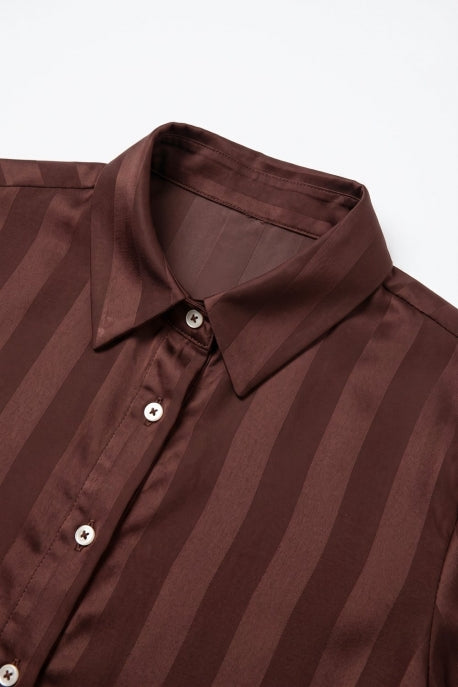 Brown Satin Striped Long Sleeve
