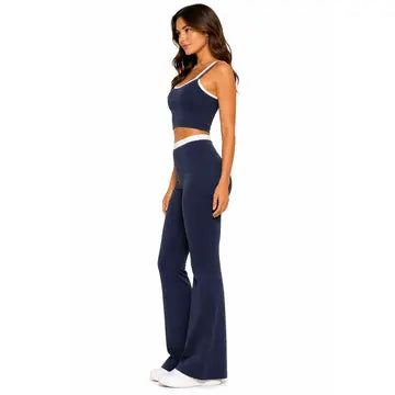 Blue Contrast Trim Sports Bra and Flared Leggings Set