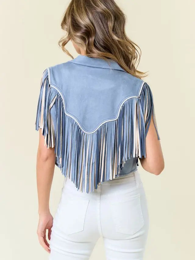 Powder Blue Fringe-Trimmed Western Crop Vest
