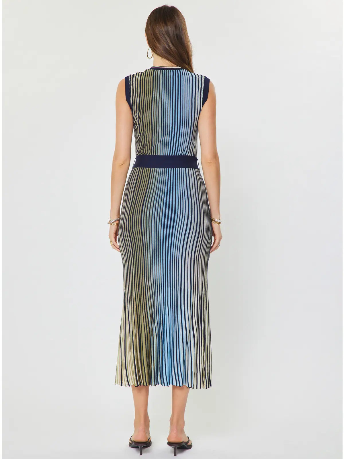 Colorblock Stripe Sleeveless Knit Midi Dress with Waist Tie