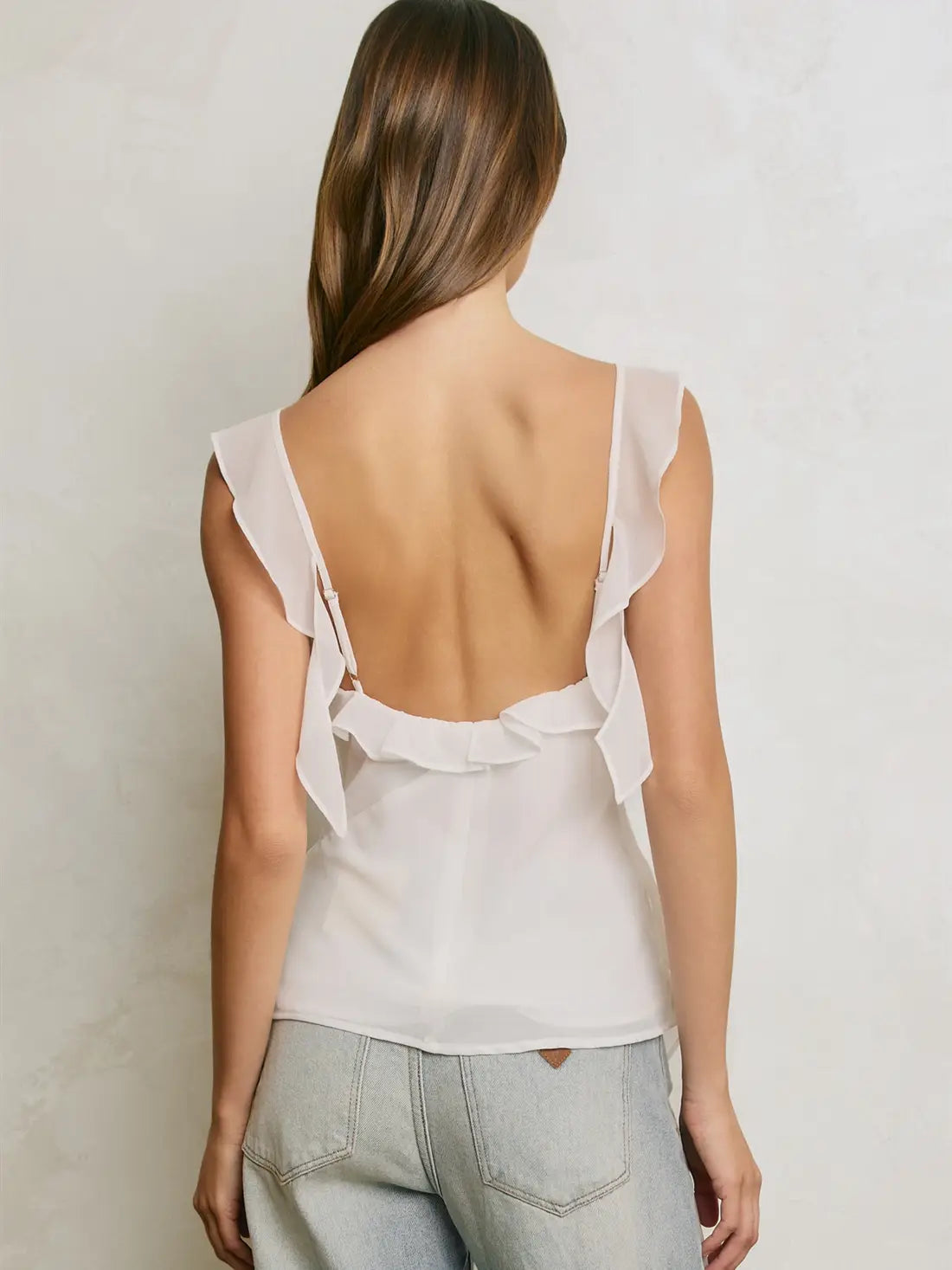 White Ruffle Trim Sleeveless Chiffon Blouse