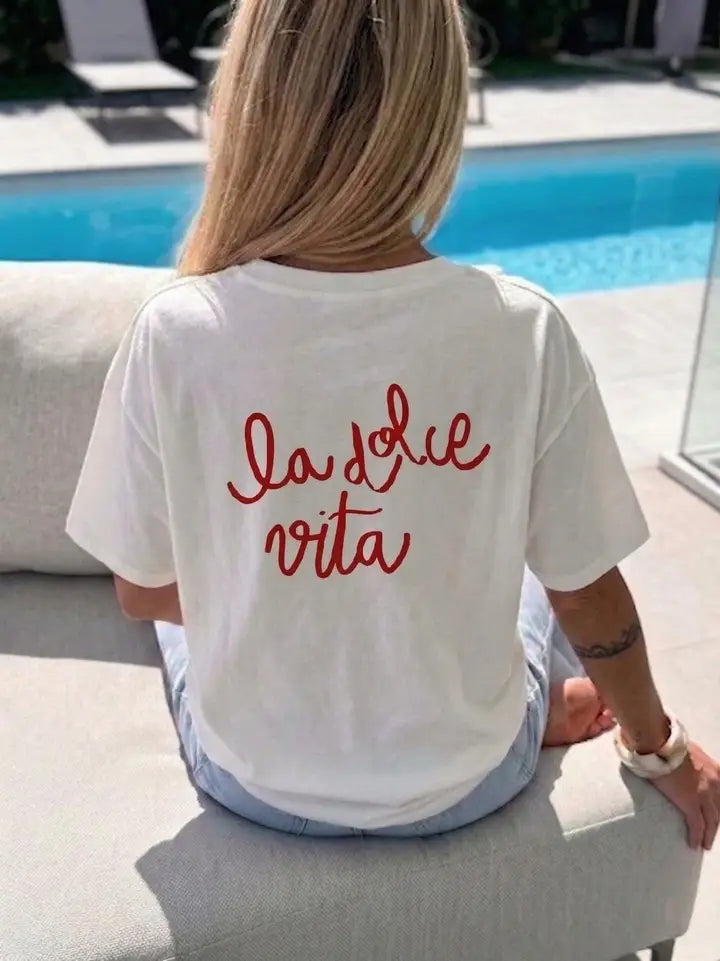 White La Dolce Vita Graphic T-Shirt with Red Script Print