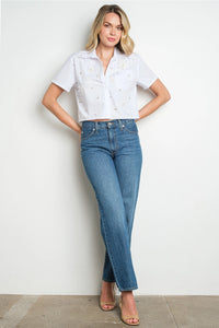 White Stripe Embellished Floral Applique Cropped Button Down Shirt