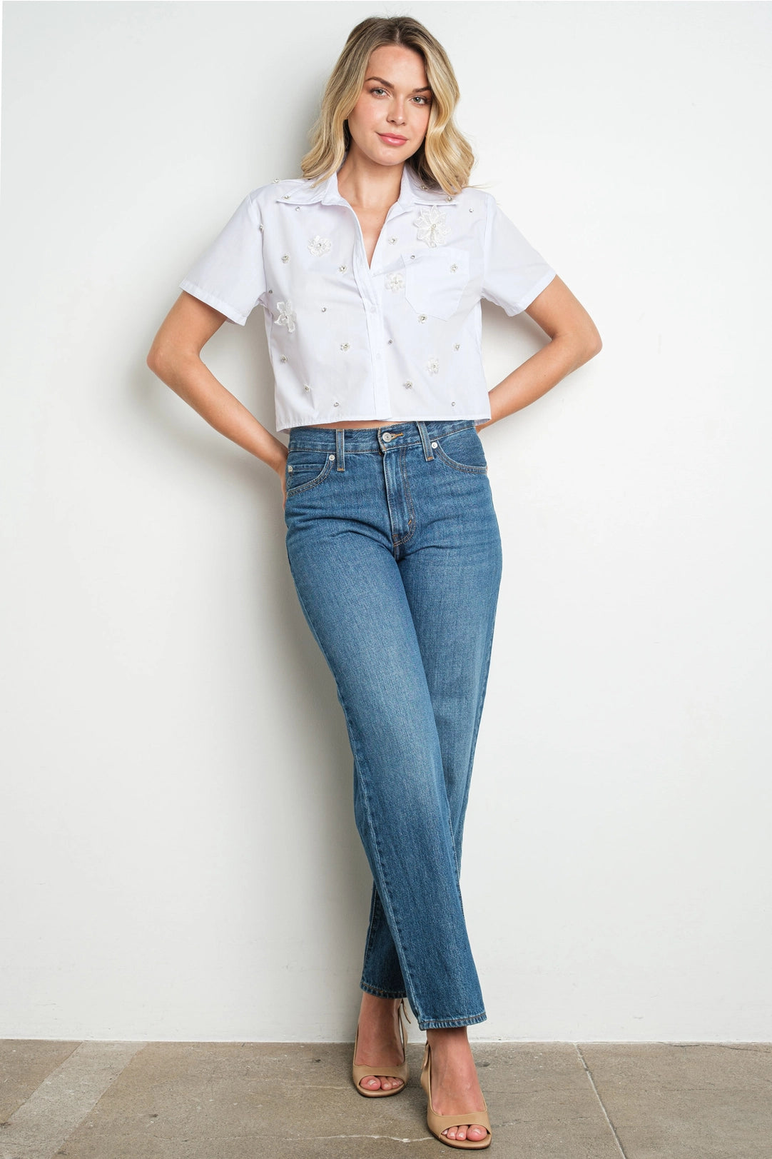 White Stripe Embellished Floral Applique Cropped Button Down Shirt