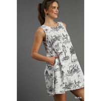 Toile Print Sleeveless Mini Dress in Black and White