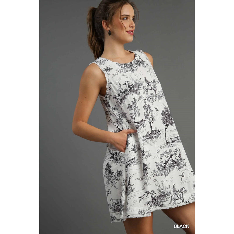 Toile Print Sleeveless Mini Dress in Black and White