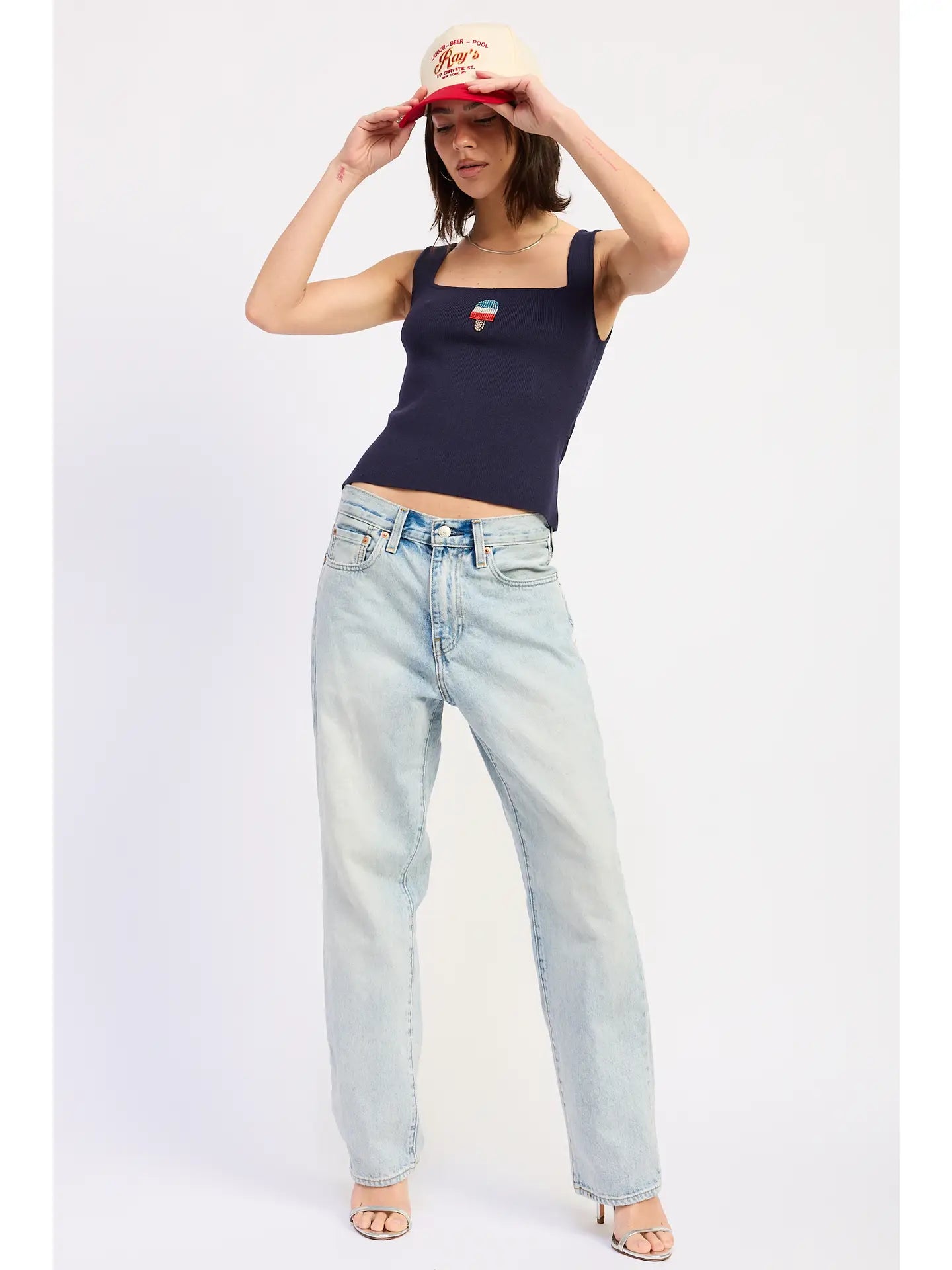 Blue Square Neck Ribbed Tank with Ice Cream Embroidery