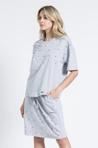 Grey Pearl Embellished Short Sleeve Top
