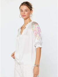 Ivory Floral Sleeve Ruffle Neck Blouse