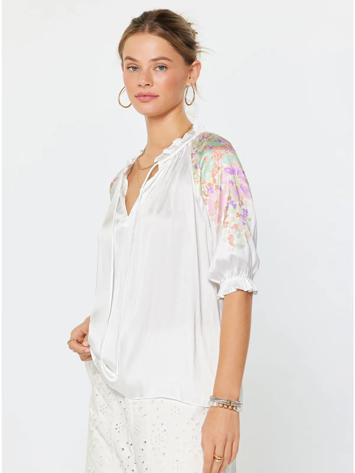Ivory Floral Sleeve Ruffle Neck Blouse