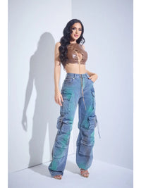 Distressed Cargo Flare Jeans with Side Pockets