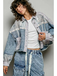 Patchwork Denim Lace Contrast Cropped Jacket with Utility Pockets