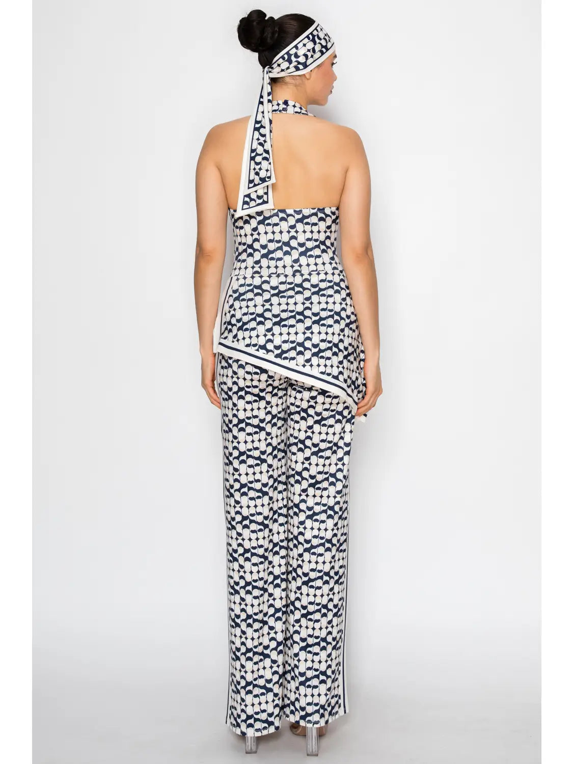 Geometric Print Halter Neck Wide Leg Jumpsuit