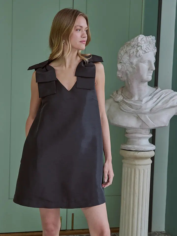 Black Bow Shoulder A-Line Mini Dress