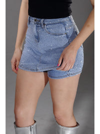 Rhinestone Embellished Denim Mini Skort