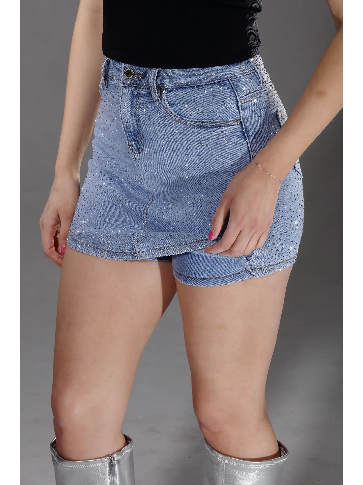 Rhinestone Embellished Denim Mini Skort