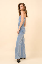 Strapless Tube Cut Out Knee Rhinestone Denim Jumpsuit