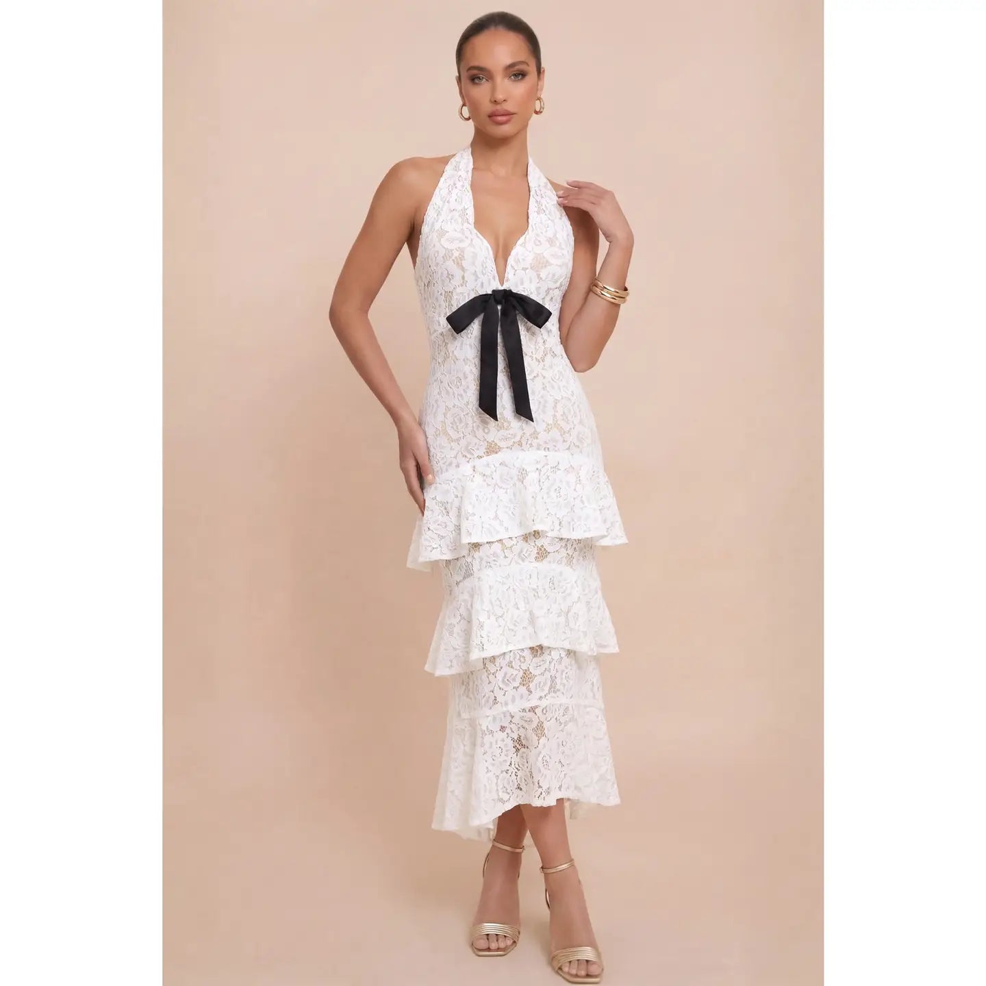 White Lace Halter Tiered Ruffle Midi Dress with Bow Detail