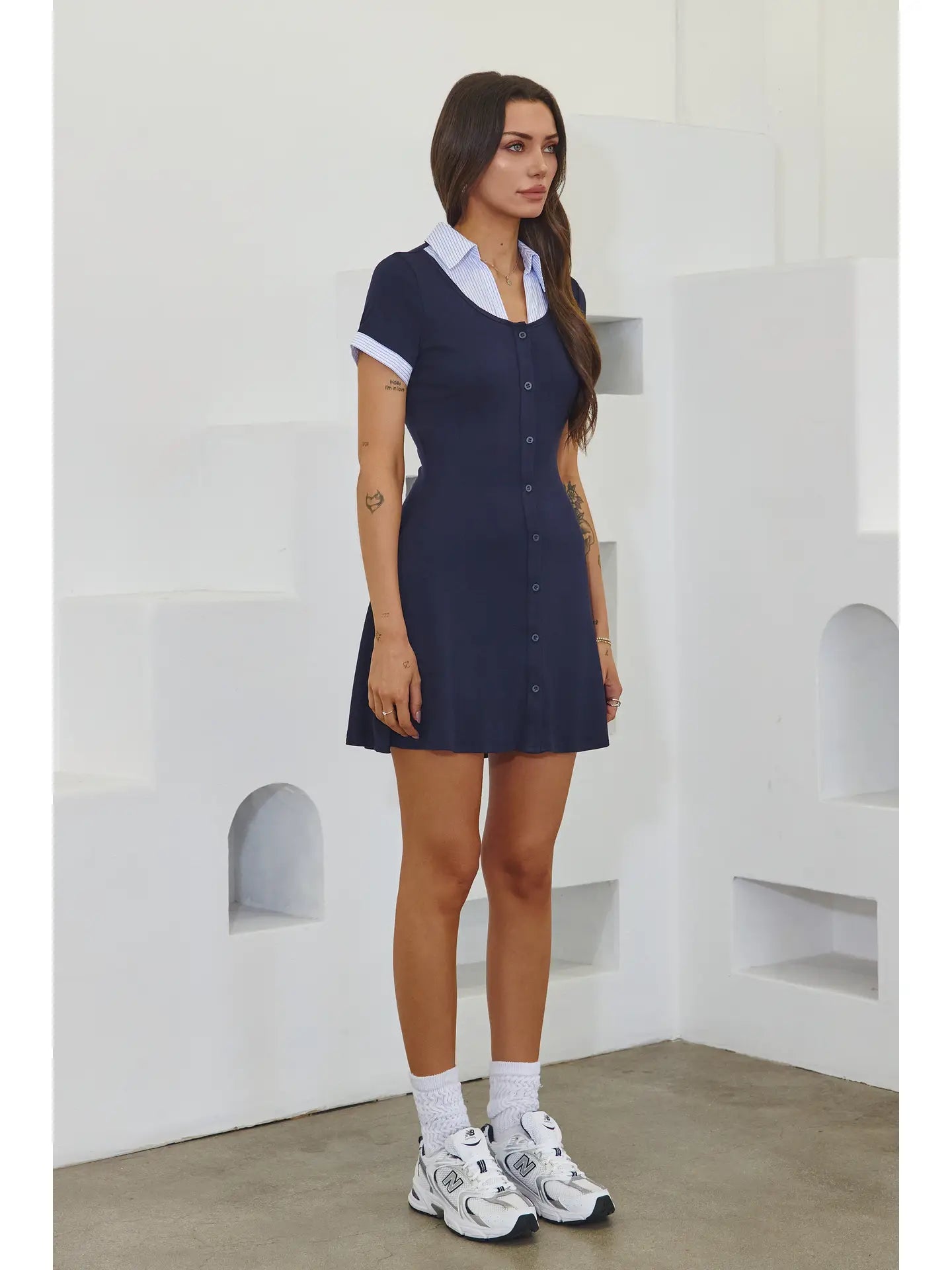 Preppy Contrast Collar Button Front Mini Dress