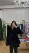 Black Faux Fur Wrap Coat with Oversized Collar