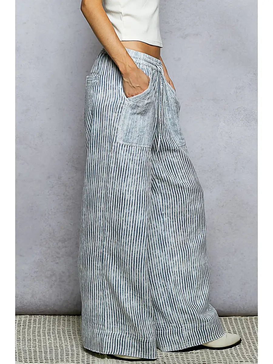 Striped Wide Leg Lounge Pants with Drawstring Waist and Patch Pocket Detail