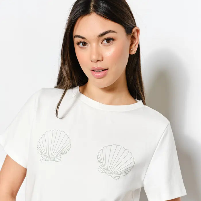 White Crewneck Tee with Minimalist Twin Seashell Print
