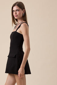 Black Structured Square Neck Mini Dress with Wide Straps