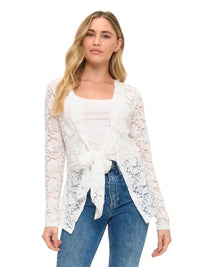 White Lace Tie Front Long Sleeve Top
