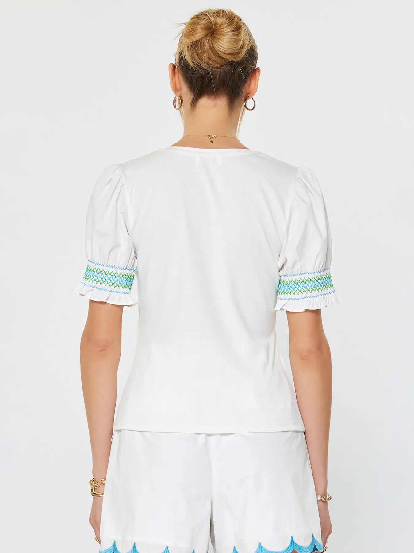 White Puff Sleeve Smocked Detail Blouse