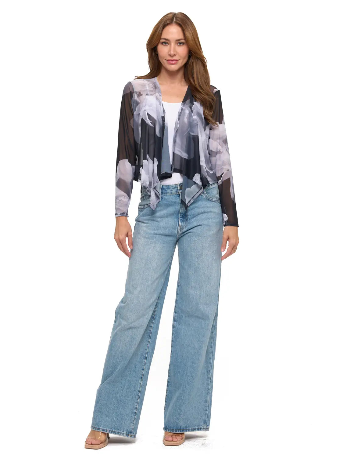 Black & White Floral Sheer Cropped Cardigan