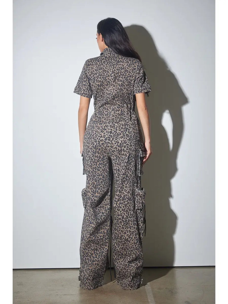 Leopard Utility Cargo Jumpsuit with Button Front and Short Sleeves