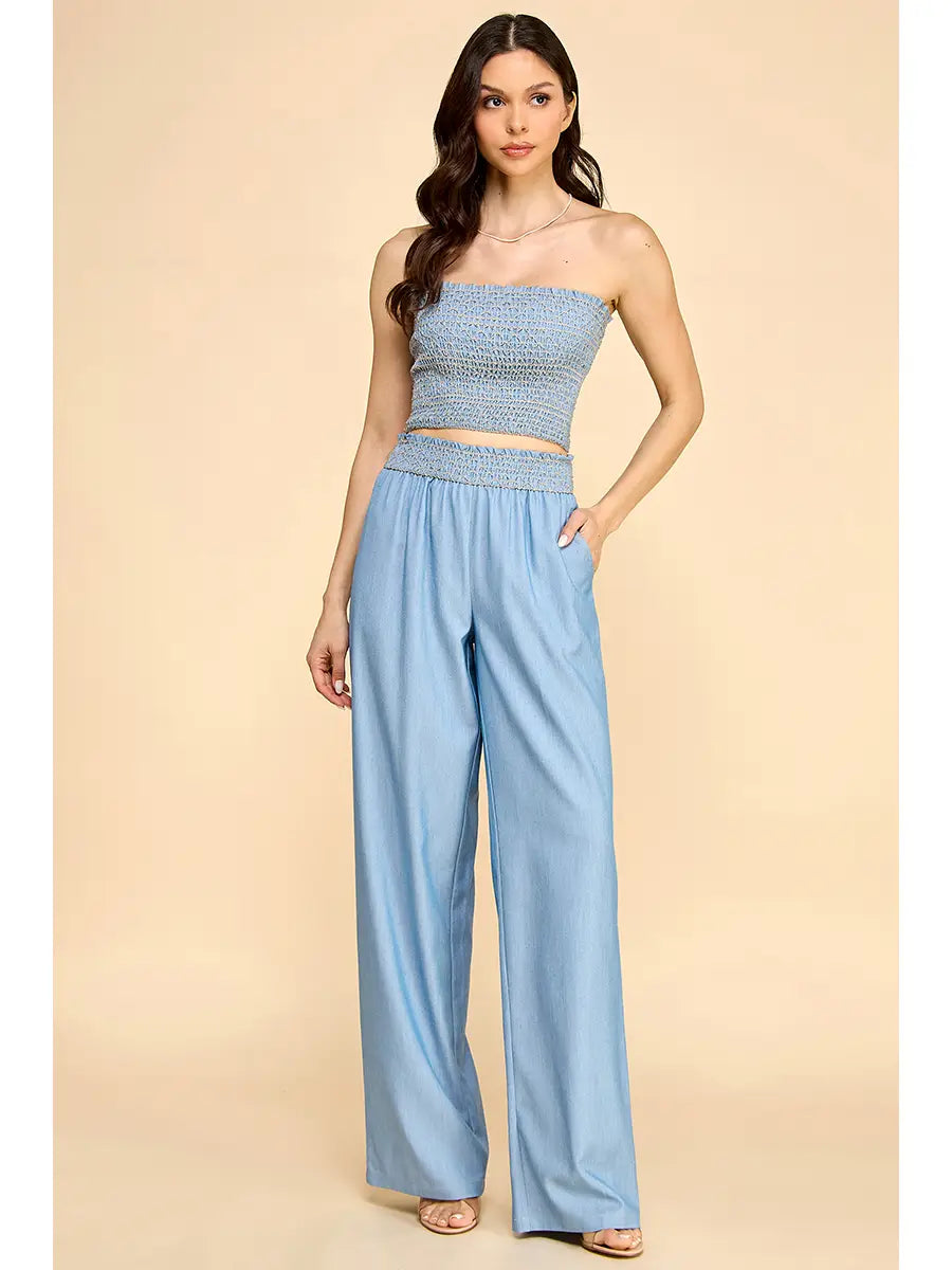 Smocked Strapless Crop Top and Wide Leg Pants Set