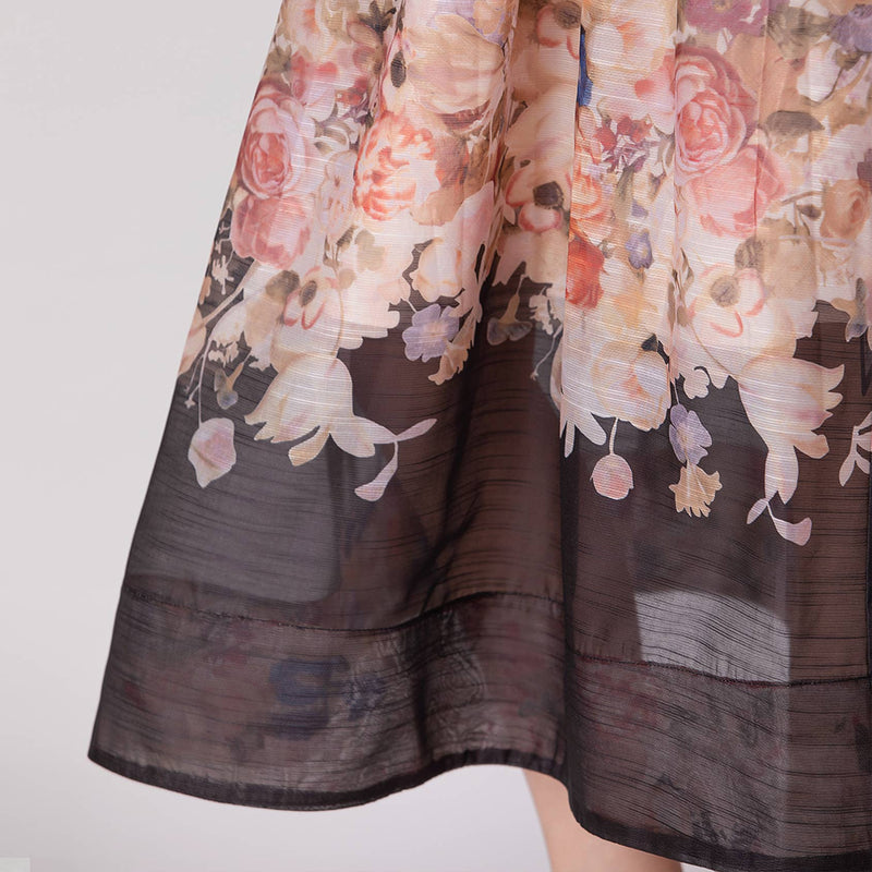 Floral Organza Midi Dress with Spaghetti Straps and Waist Tie