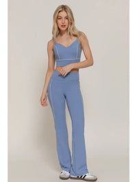 Blue High-Waisted Contrast Trim Flare Leg Active Pants