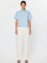 Light Blue Cropped Button-Up Shirt with Pleated Back Detail