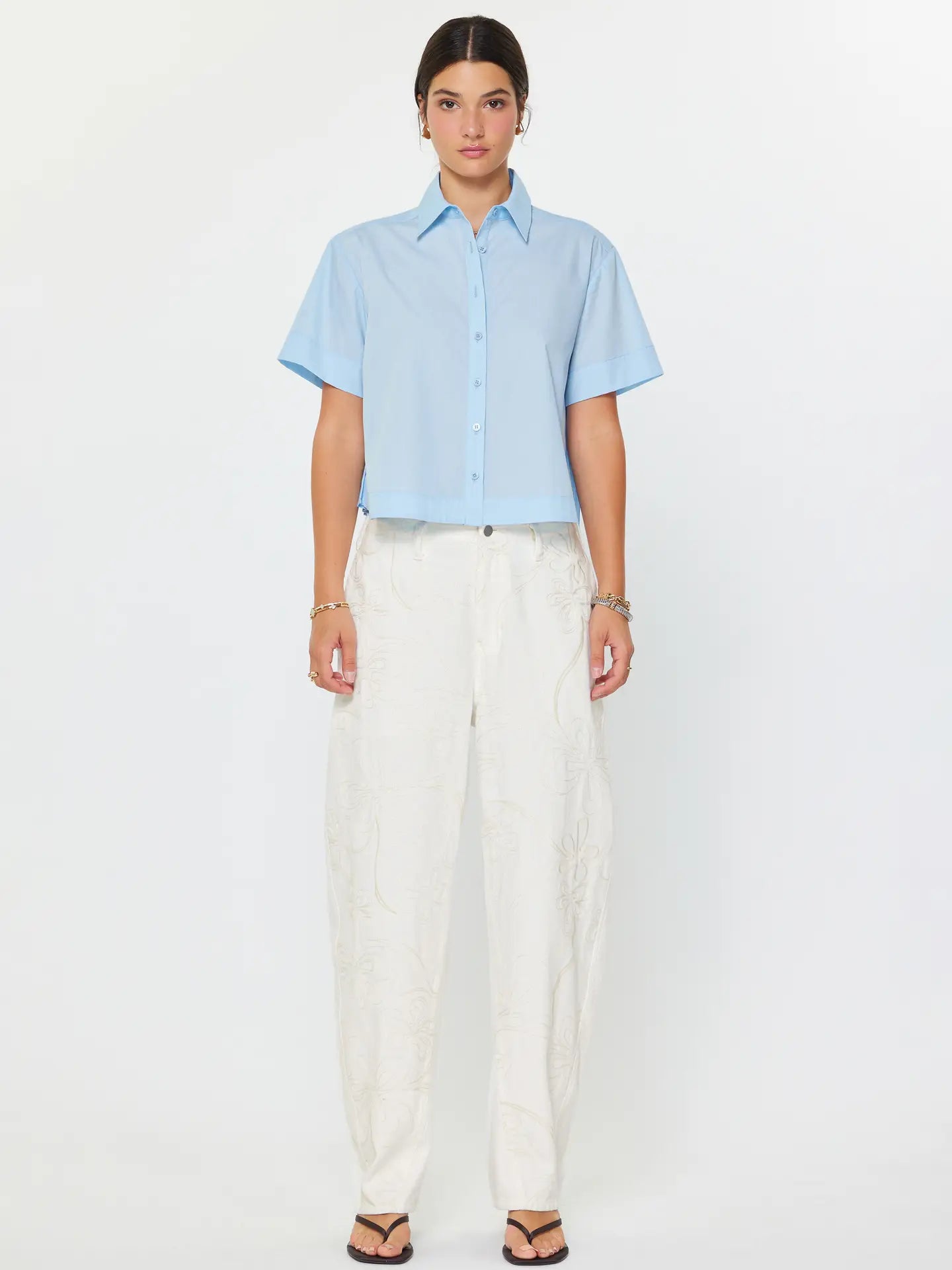 Light Blue Cropped Button-Up Shirt with Pleated Back Detail