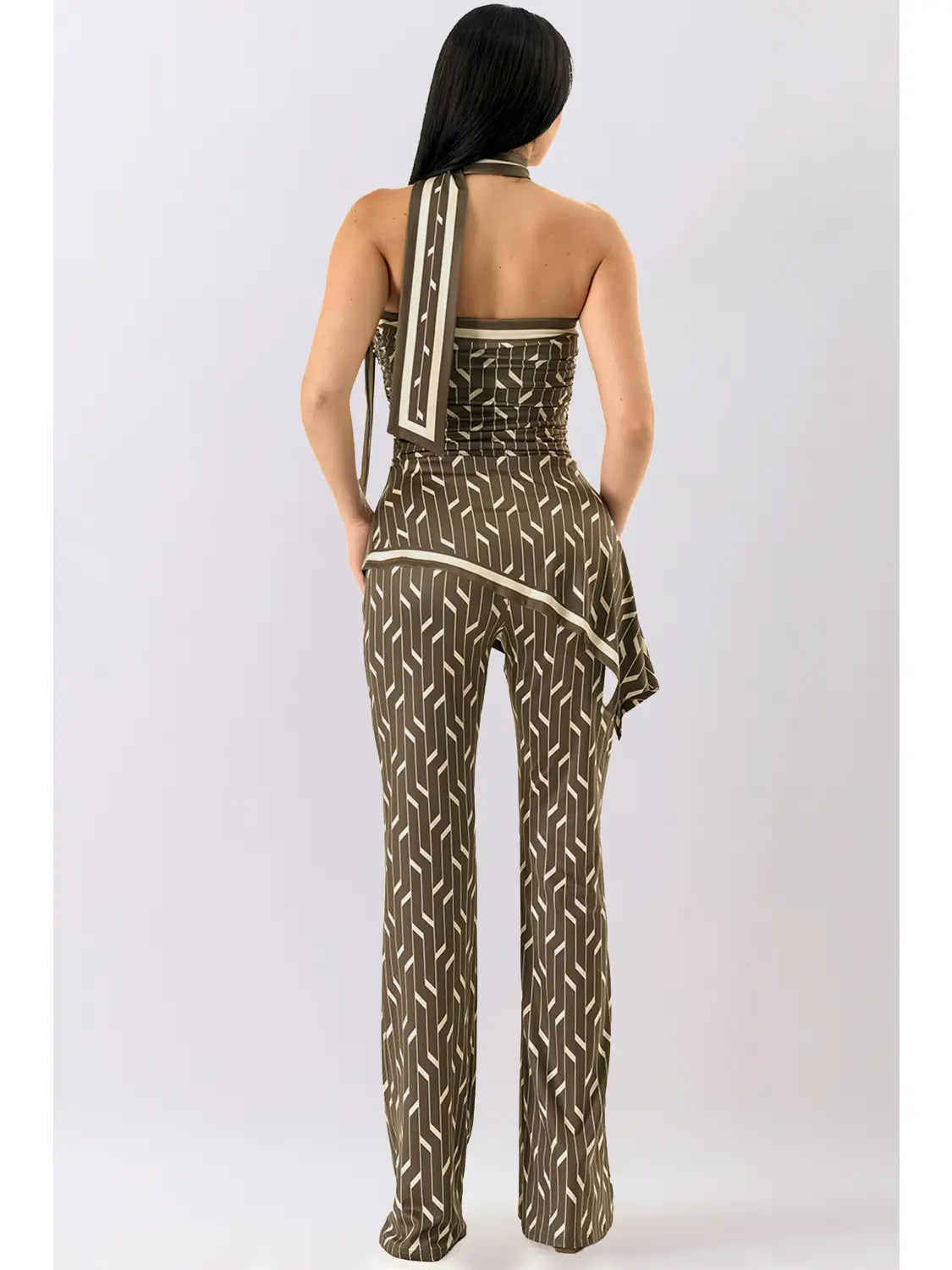 Olive Green Geometric Strapless Scarf Detail Wide Leg Jumpsuit