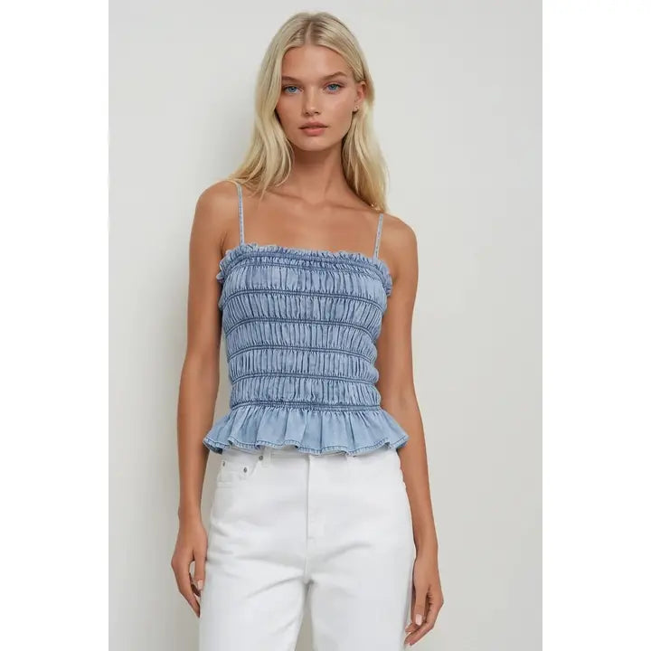 Smocked Ruffle Hem Cami Top in Light Blue