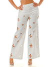 White Wide Leg Jeans with Pearl-Embellished Cutout Floral Detailing